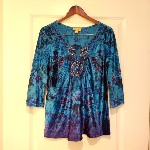 One World Velvet Tunic Top Blouse 3/4 Sleeve Blue Turquoise Medium M Boho Sequin - Picture 13 of 13